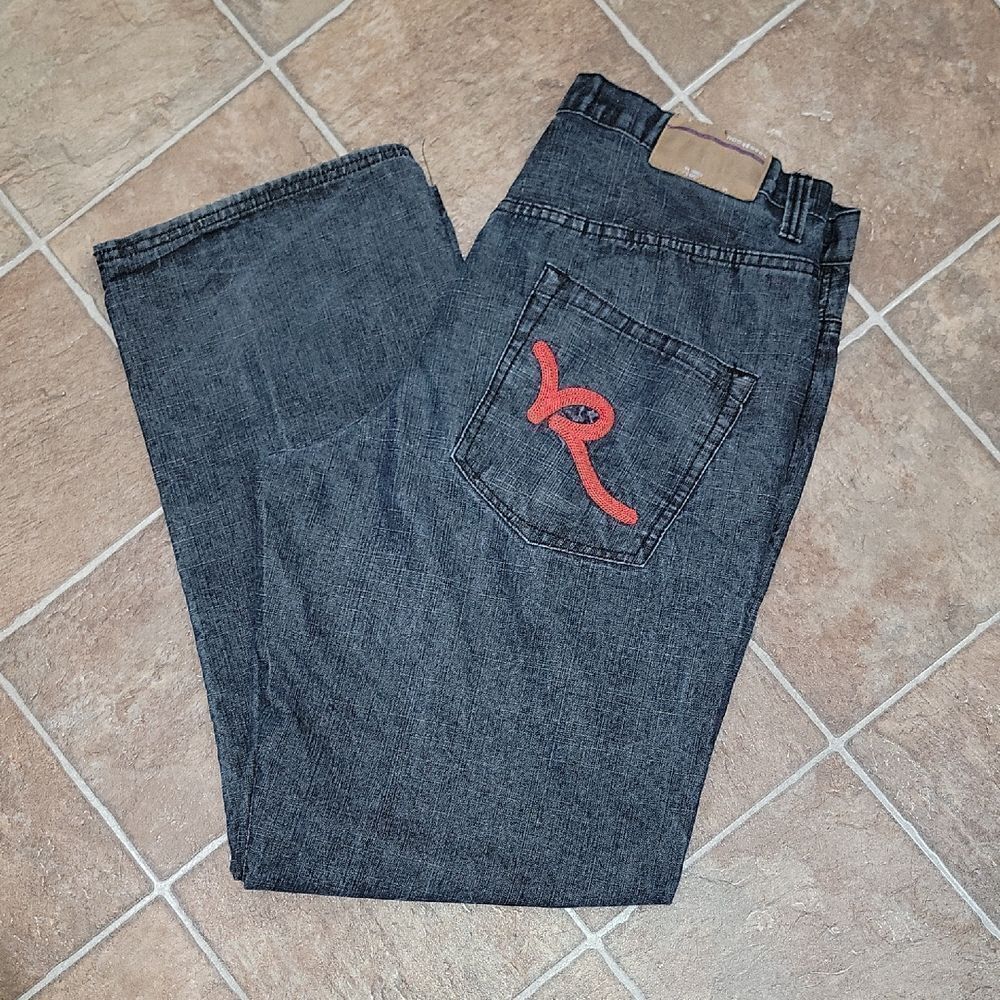 Rocawear Loose Baggy Retro Y2K Fire Jeans w Embroidered Red Logo Pocket 38 x 34